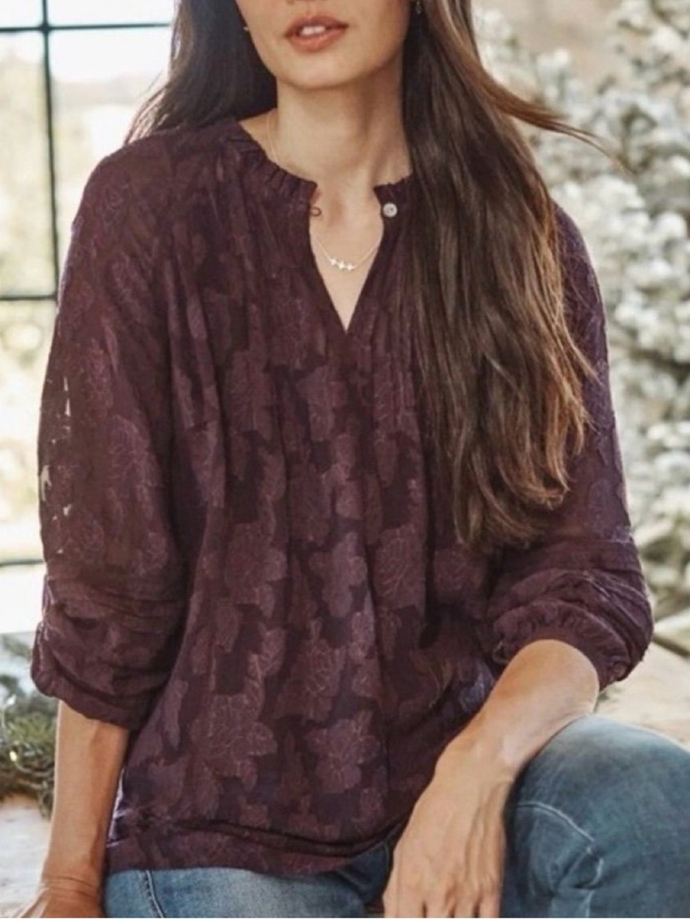 J. Jill Plum Lace-Pattern Pullover Blouse